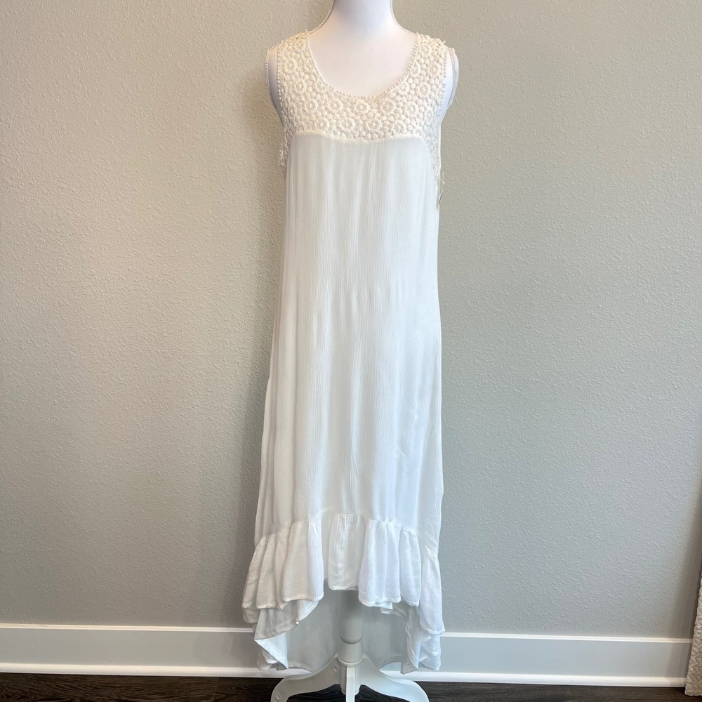 Womens White Gauze Lace Boho High Low Maxi Dress Small Cottagecore‎ Romantic